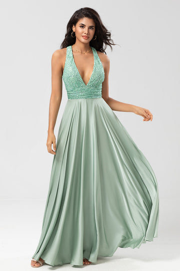 Never-Ending A Line V-Neck Matcha Long Bridesmaid Dress med Beading